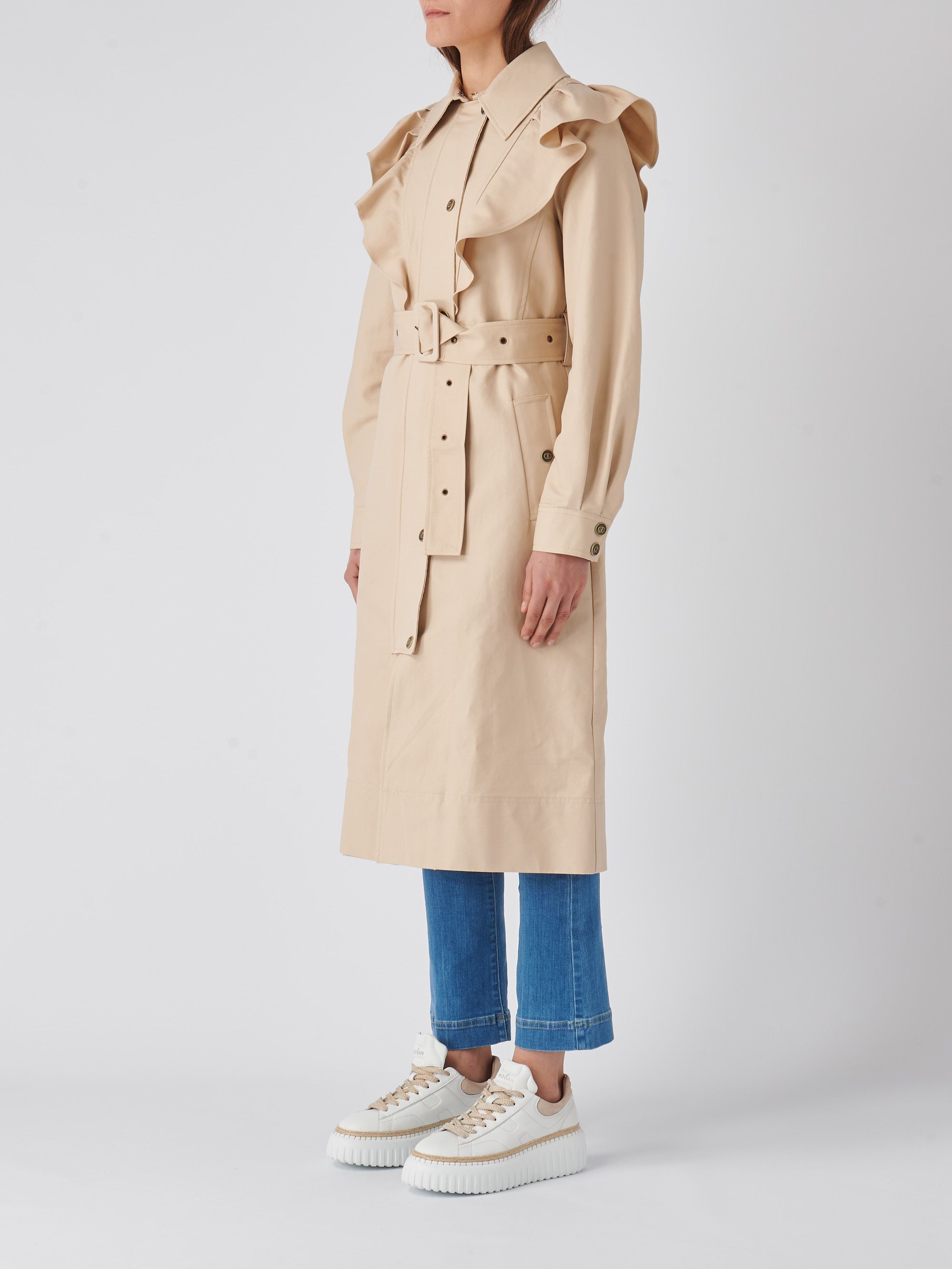 ジャケット・アウター herlipto Gabardine Ruffled Trench Coat Twinset doubled cotton fabric trench coat with ruffles for