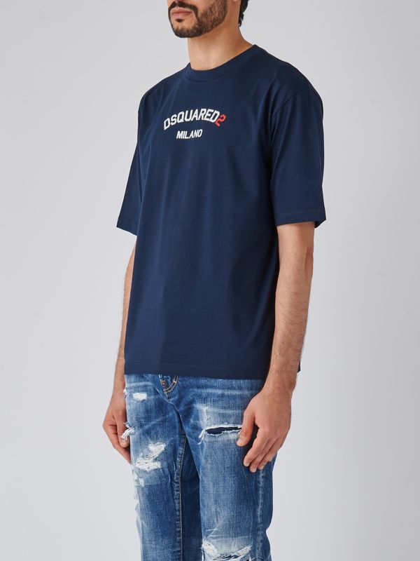 Tシャツ・カットソー DSQUARED Midnight Blue Cotton T-Shirt Dsquared2 men's cotton T-shirt with used effect logo
