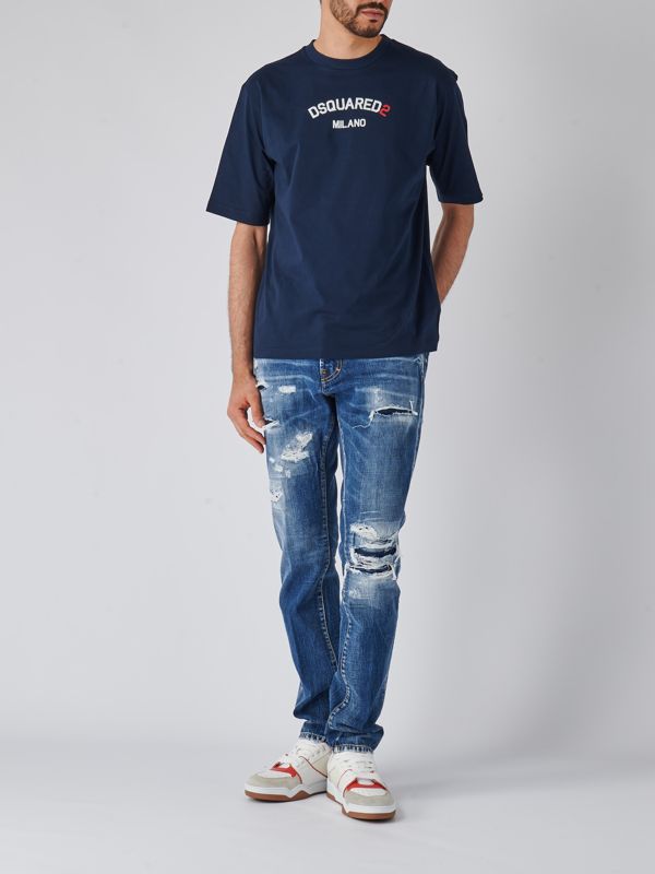 Tシャツ・カットソー Dsquared Dark Blue Cotton T-Shirt Dsquared2 men's cotton T-shirt with used effect logo