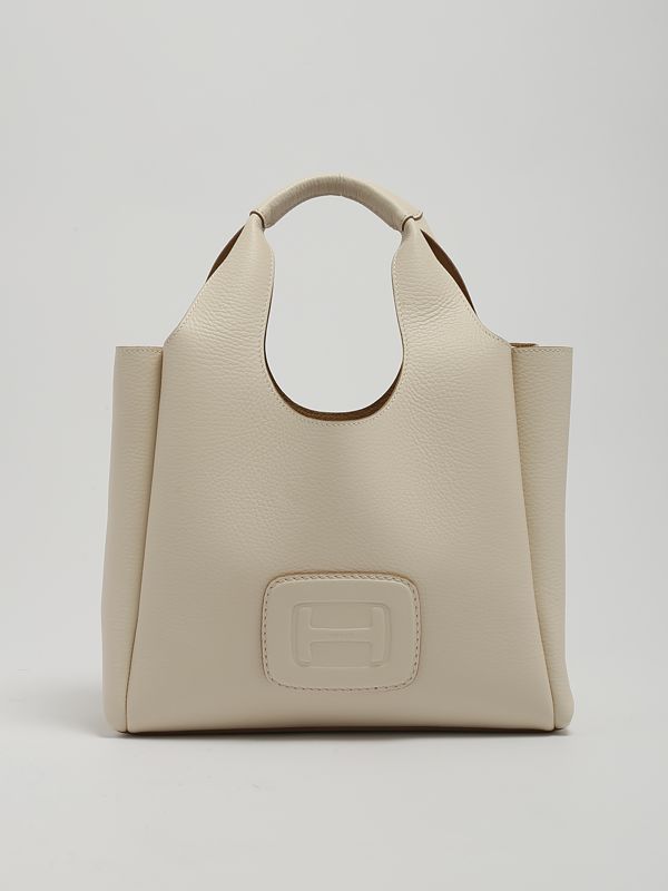 1. Hogan Damen Leder Shopper Tasche mit Logo Creme Hogan