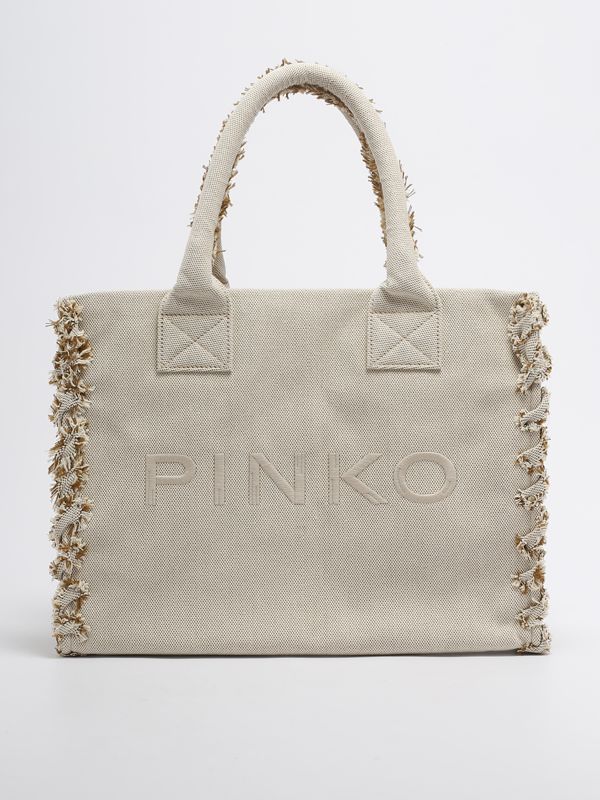 1. Borsa donna Beach Shopper in canvas riciclato con profili sfrangiati Sabbia Pinko