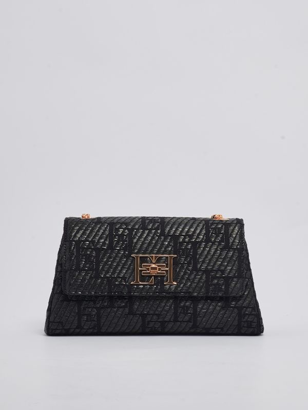 1. Elisabetta Franchi Damen Umhängetasche aus Jacquard-Raffia Schwarz Elisabetta Franchi