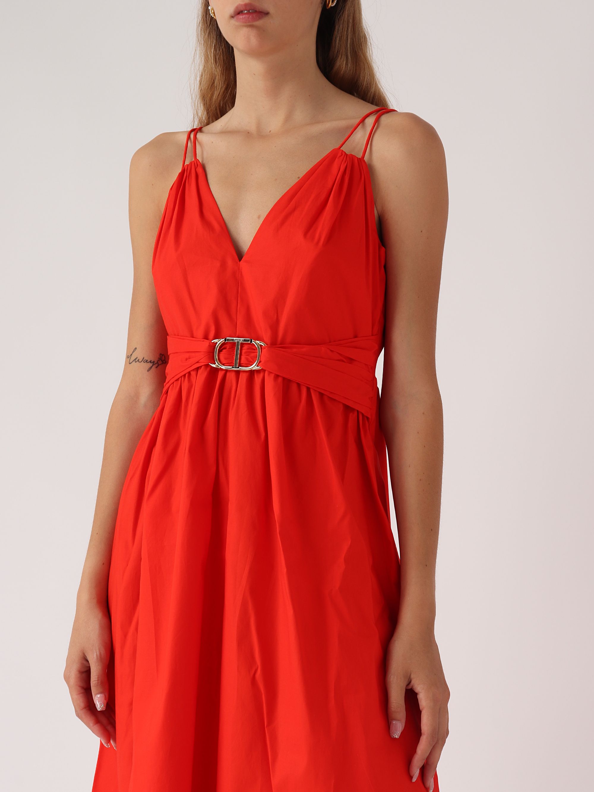 Twinset stretch cotton poplin dress with double band for