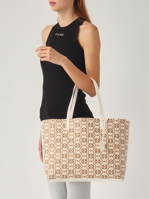 Pinko Carrie large cotton and raffia jacquard tote bag for
