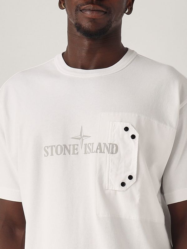 【関税&送料込】Stone  T-Shirt In Cotone Con Logo Stone Island - Logo cotton t-shirt White - The Corner