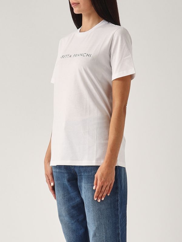 ☆ELISABETTA FRANCHI ホワイト トリコロゴTシャツ Elisabetta Franchi White Cotton Jersey T-shirt with necklace