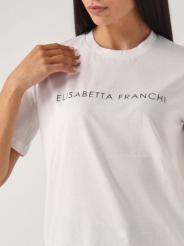 ☆ELISABETTA FRANCHI ホワイト トリコロゴTシャツ Elisabetta Franchi White Cotton Jersey T-shirt with necklace