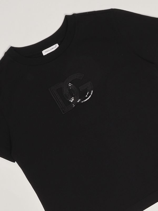 Dolce & Gabbana cotton T-shirt with sequined logo for girls