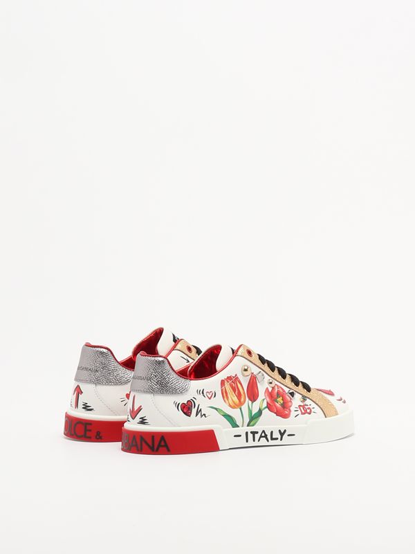 Baskets Dolce & Gabbana - Design Fleuri, Cuir Beige - Taille 38 EU (8 US) - Occasion En Très Bon état
