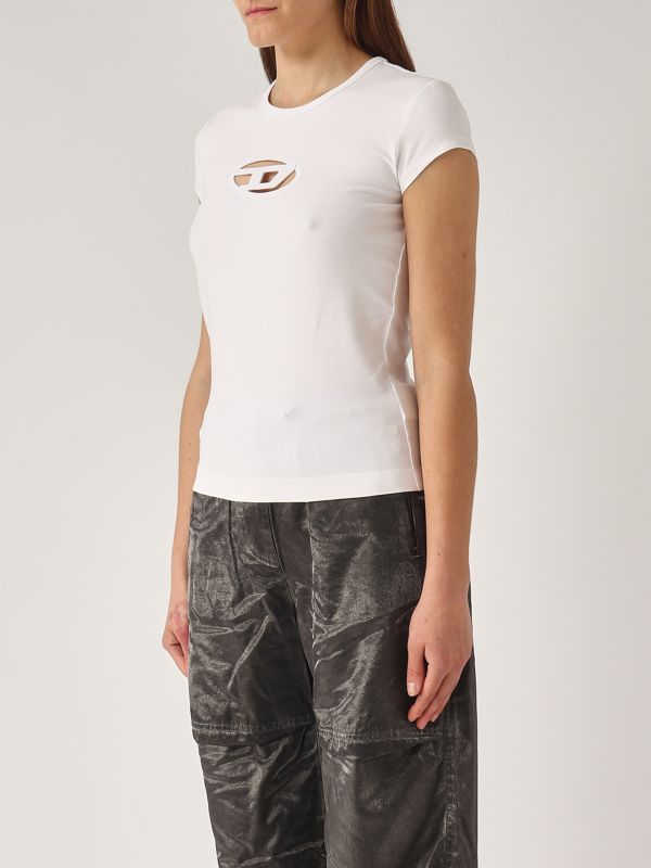 【関税&送料込】Diesel White Stretch Cotton T-Angie T-Shirt T-ANGIE Woman: Cotton T-shirt with cut-out D logo | Diesel