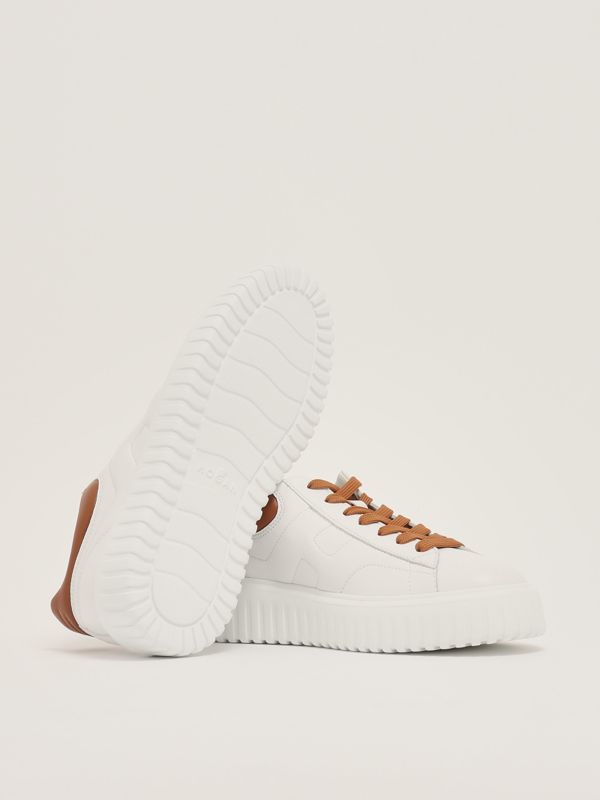 4. Men's Hogan H-Stripes Sneakers in Nappa Leather White-Camel Hogan hxm6450fc60le9