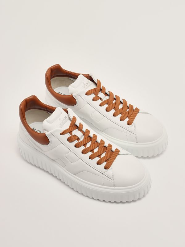 2. Men's Hogan H-Stripes Sneakers in Nappa Leather White-Camel Hogan hxm6450fc60le9