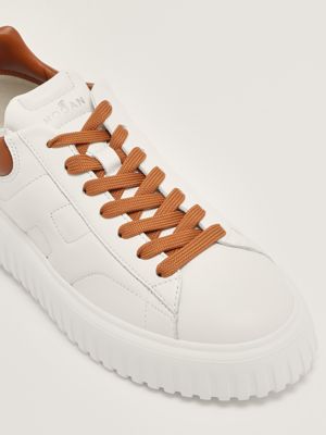 5. Men's Hogan H-Stripes Sneakers in Nappa Leather White-Camel