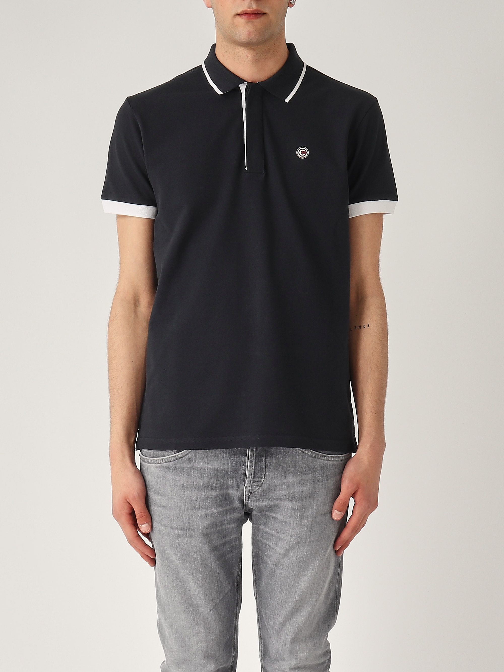 Stretch cotton pique polo shirt with two-color piping for