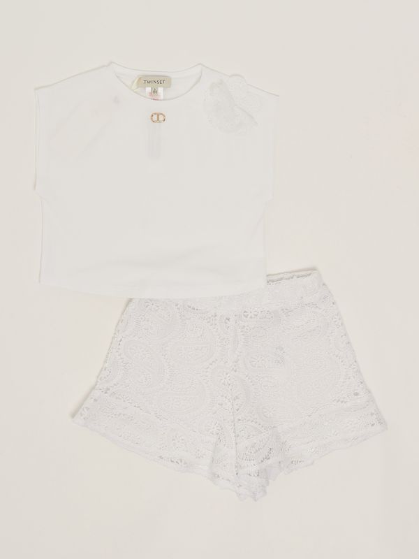 1. Conjunto para niña de encaje y tejido cady Blanco Twinset 251gj2qr7
