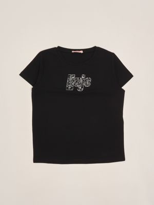 Liu Jo stretch cotton T-shirt with rhinestone logo for girls