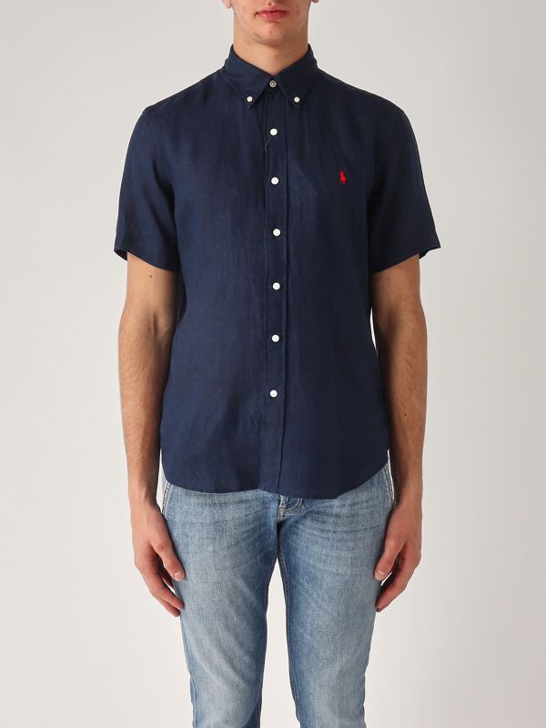 1. Camisa de hombre de lino de ajuste personalizado azul marino Polo Ralph Lauren 710968912