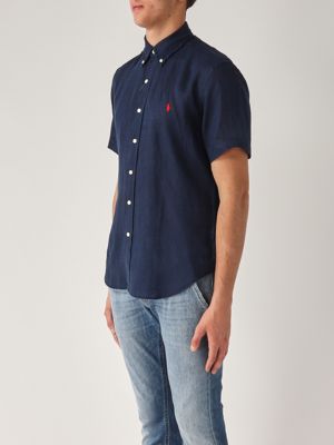 2. Camisa de hombre de lino de ajuste personalizado azul marino