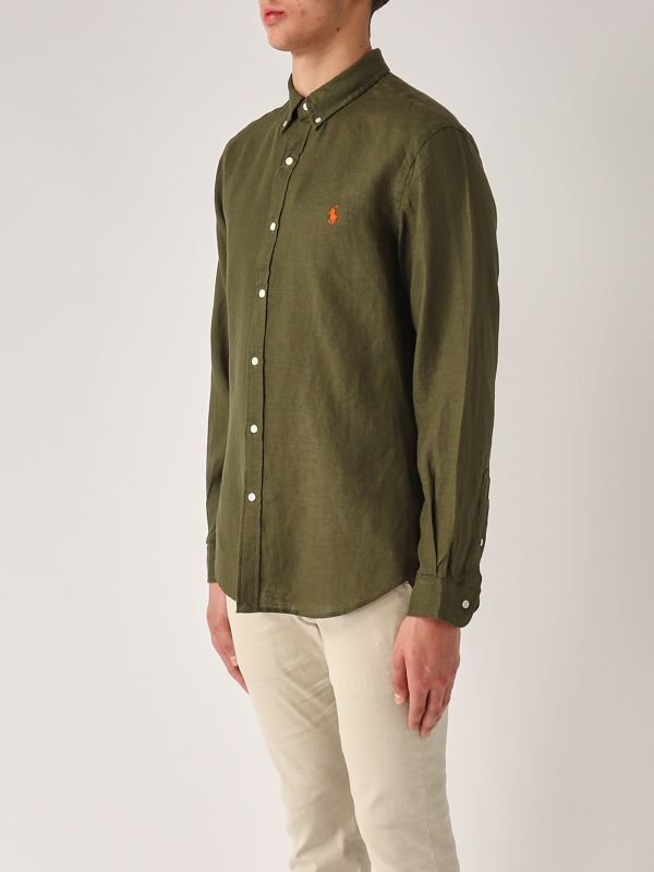 Polo Ralph Lauren Camicia Lino Verde Militare Camicia Uomo Slim