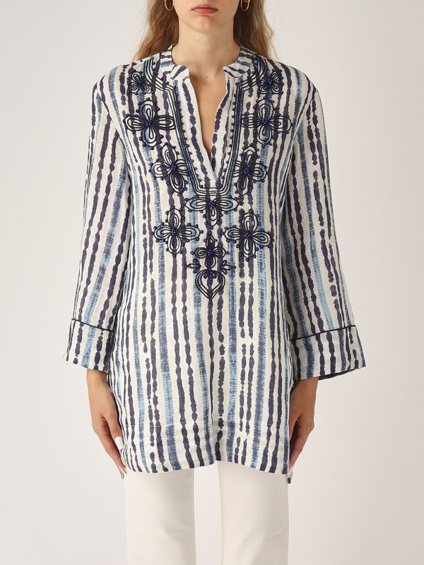 1. Caftano donna in lino Azzurro-Crema Maliparmi jm552943049