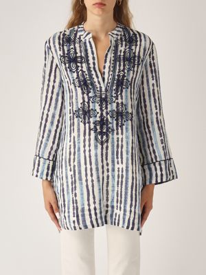 1. Caftano donna in lino Azzurro-Crema