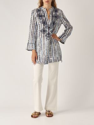 5. Caftano donna in lino Azzurro-Crema
