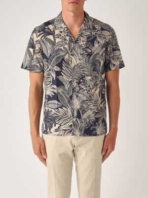 Herrenhemd aus Leinen und Baumwolle Beige-Marine Guglielminotti