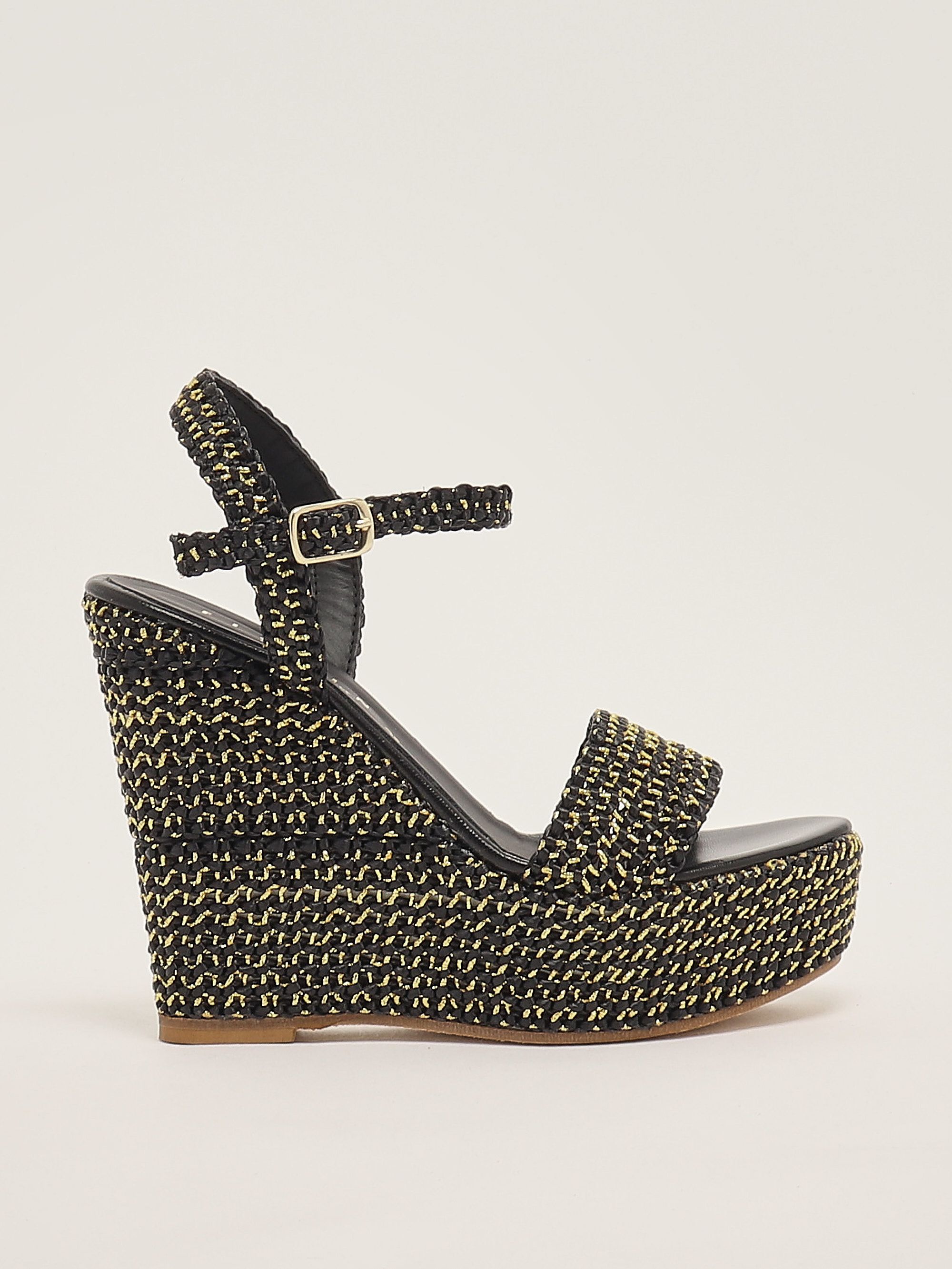 Women's leather and raffia wedge 214j620 Gold-Black