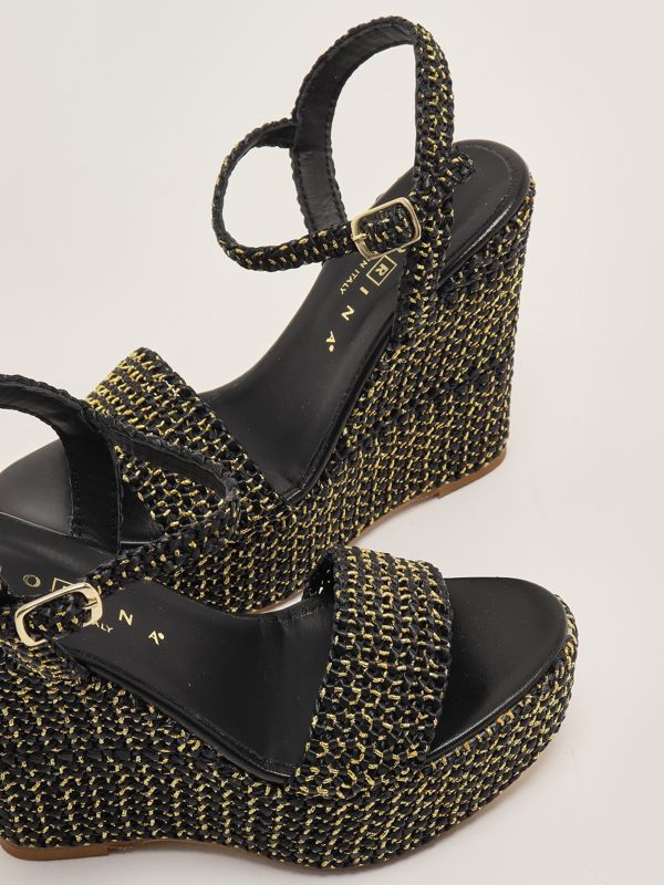 4. Women's leather and raffia wedge Gold-Black Fiorina 214j620