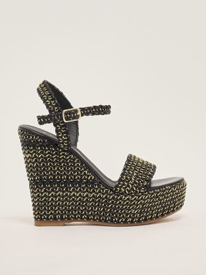 Compensées en cuir et raphia pour femme Or-Noir Fiorina