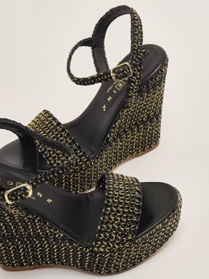 4. Women's leather and raffia wedge Gold-Black