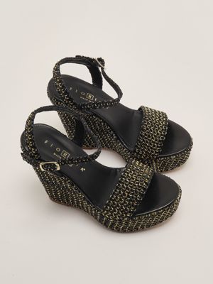 2. Women's leather and raffia wedge Gold-Black