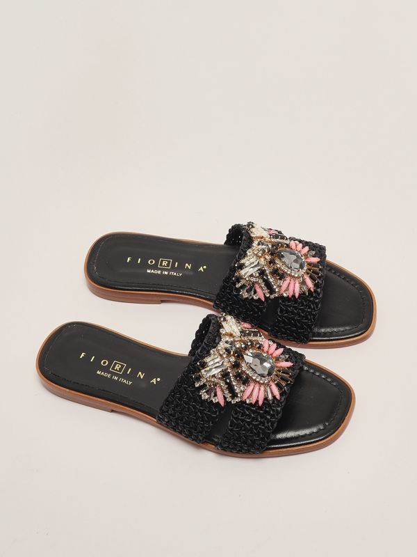 2. Leather and raffia sandals for women Black Fiorina 189-528