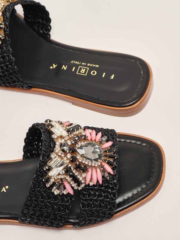 4. Leather and raffia sandals for women Black Fiorina 189-528