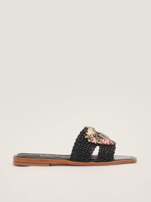 1. Leather and raffia sandals for women Black