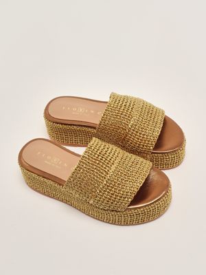 2. Leather and raffia wedges for women Gold