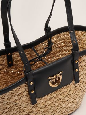 4. Borsa donna Love Summer Basket in rafia e pelle Naturale-Nero