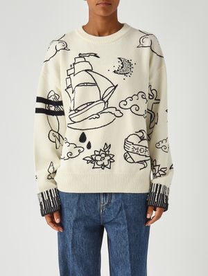 Pull Andros en laine mérinos pour femme Blanc-Bleu Pinko