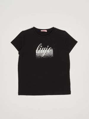 Liu Jo stretch cotton T-shirt with rhinestone logo for girls