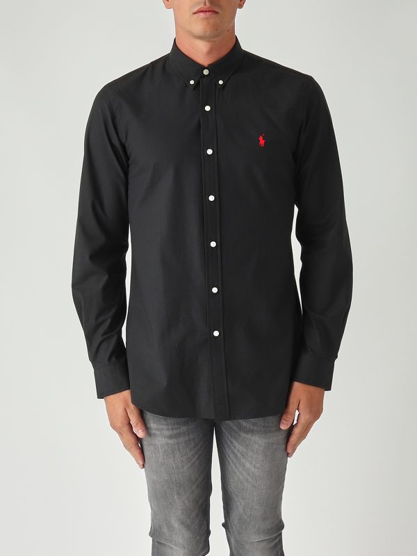 1. Slim fit stretch cotton poplin shirt for men Black Polo Ralph Lauren 710928254
