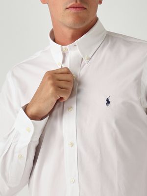 5. Camisa de hombre de corte entallado en popelina de algodón elástico Blanco