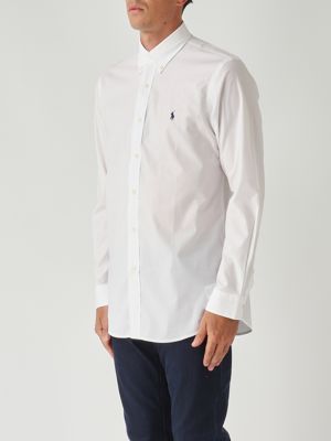 3. Camisa de hombre de corte entallado en popelina de algodón elástico Blanco