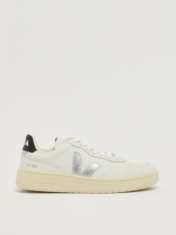 1. Zapatillas de mujer V-90 de piel Blanco-Plateado Veja vd2020910
