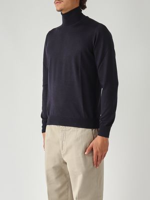 3. Jersey de hombre de cuello perkins en lana virgen y seda Azul marino