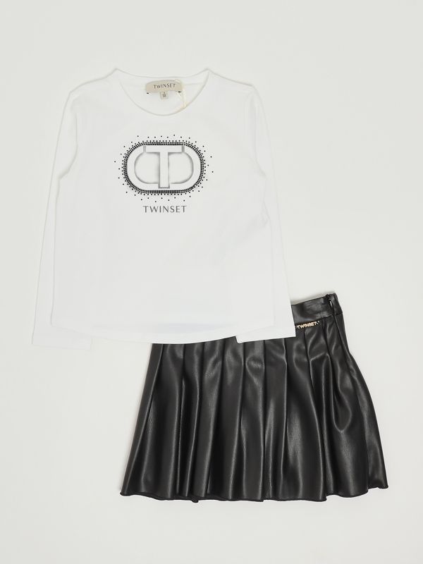 Completo bambina in cotone stretch e simil pelle 252gb2040 Bianco