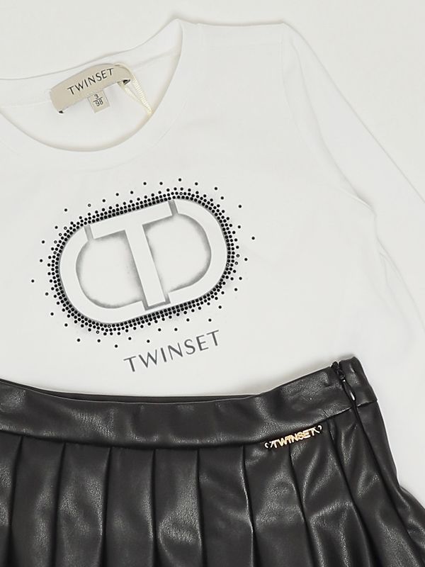 3. Ensemble deux pièces en coton extensible et similicuir pour fille Blanc-Noir Twinset 252gb2040