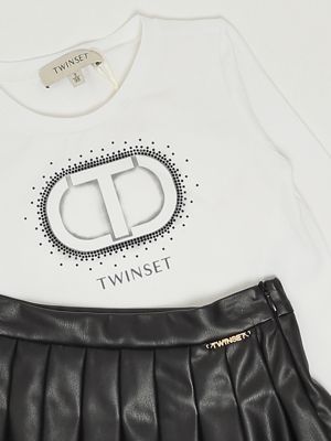 3. Ensemble deux pièces en coton extensible et similicuir pour fille Blanc-Noir