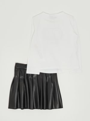 2. Ensemble deux pièces en coton extensible et similicuir pour fille Blanc-Noir