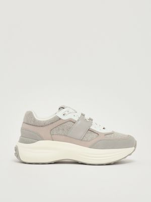 81L Damen-Turnschuhe aus Leder und Stoff Perlgrau Tod's