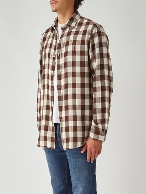 3. Double-layered cotton shirt for men Madras Beige-Dark Brown